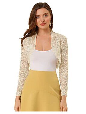 Floral Lace Sheer Crop Shrug Cardigan Long Sleeve Open Front Scalloped